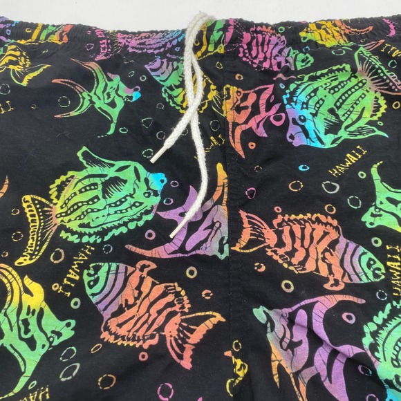 Vintage Sea Waves Swim Shorts Black w/ Rainbow Fish Hawaii Spellout Pattern - Picture 2 of 7
